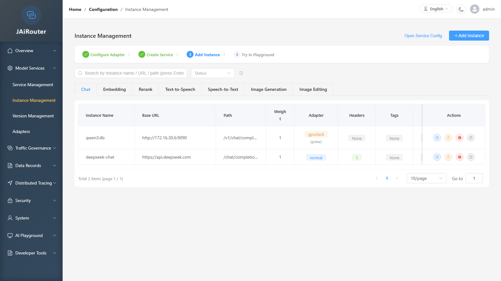 Instance Management page