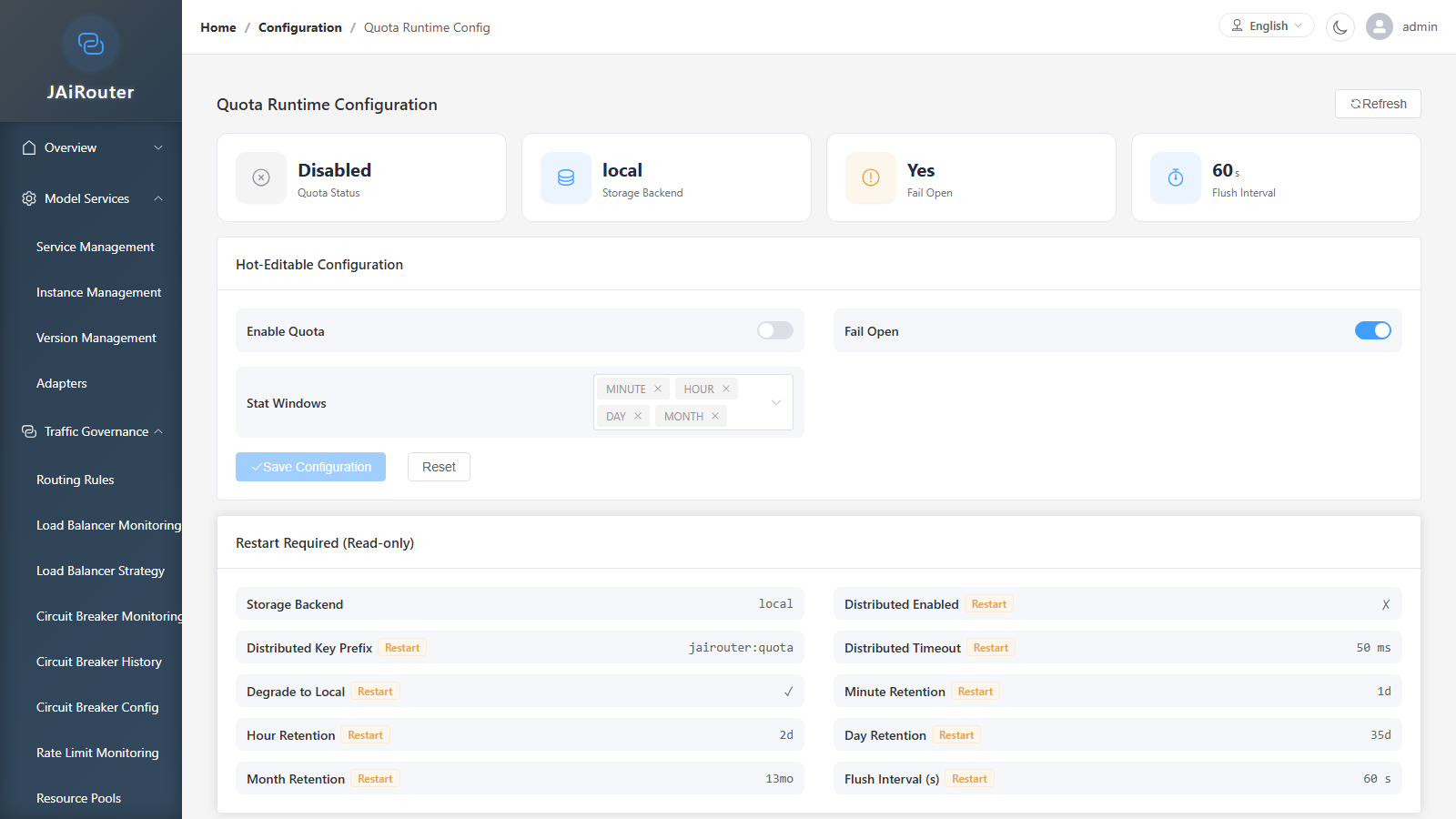 Quota Runtime Configuration page